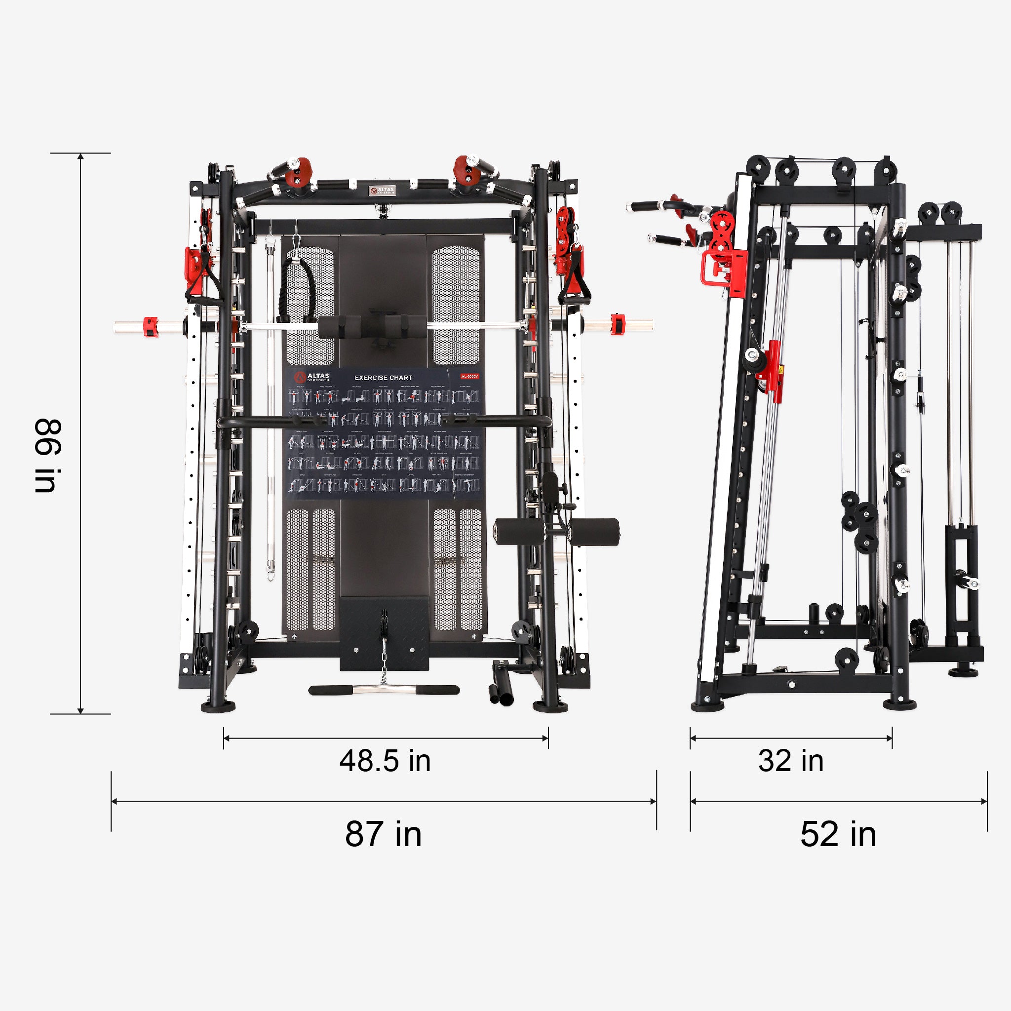 Altas Strength Multi-Function Smith Machine Black And Red 2000IB Workout Light Commercial Fitness Equipment AL-3000Y