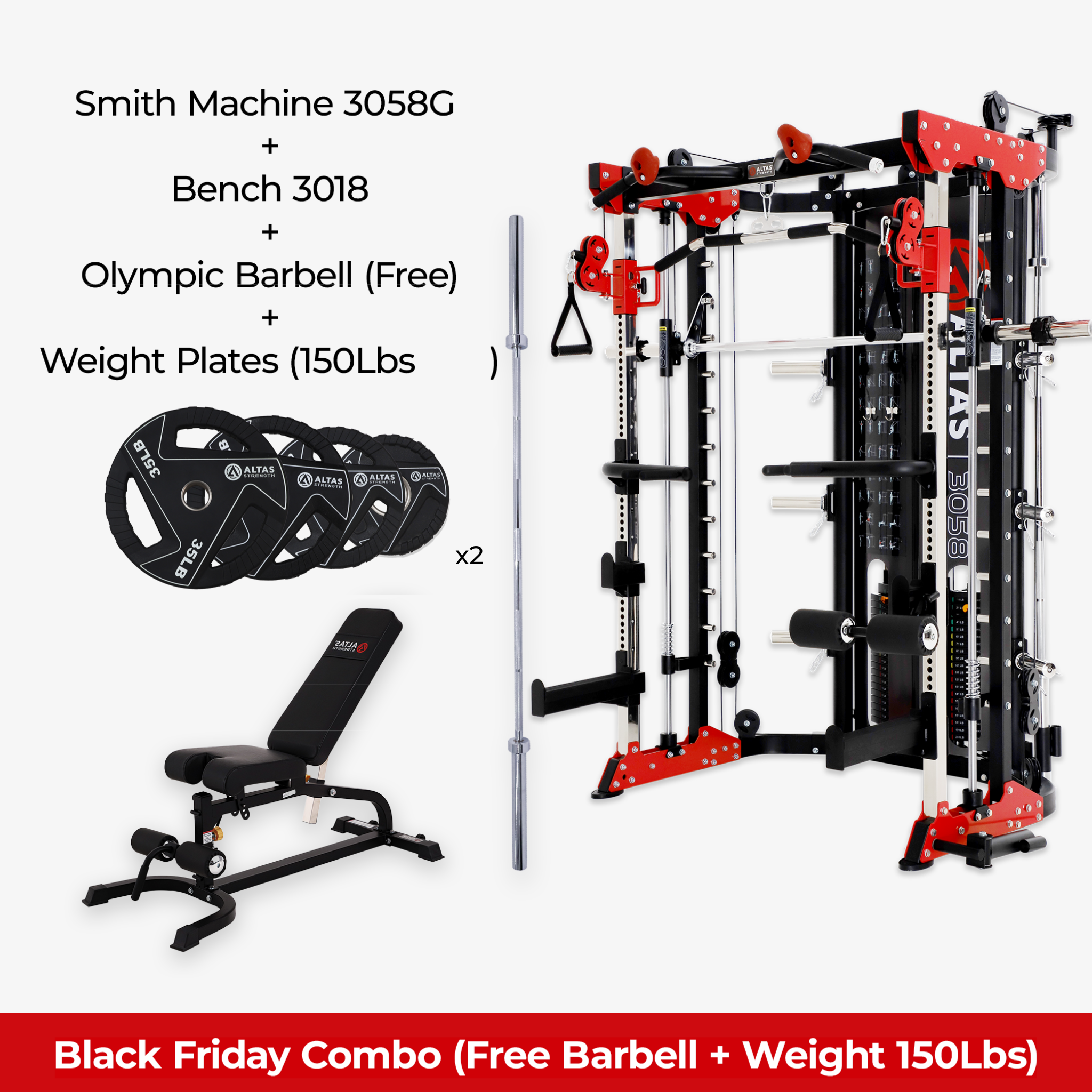Black Friday Combo - Smith Machine AL-3058G + Bench AL-3018+ 150lb Weight Plates