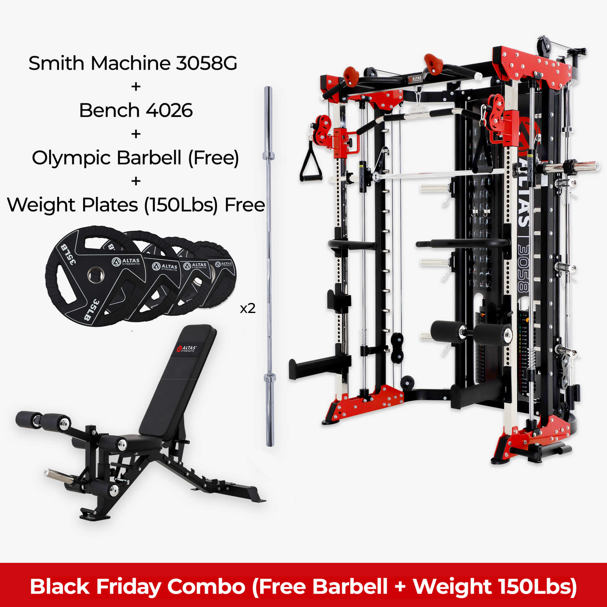 Black Friday Combo - Smith Machine AL-3058G + Bench AL-4026 + Free Barbell + 150lb Weight Plates(Free)