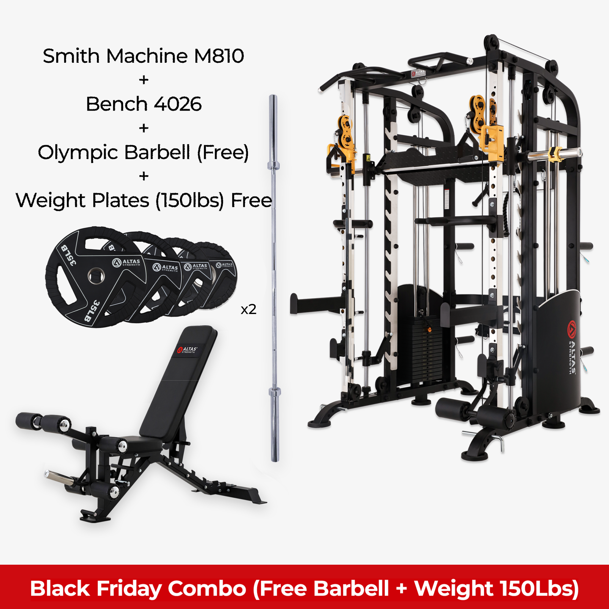 Black Friday Combo - Smith Machine AL-M810 + Bench AL-4026 + Free Barbell + 150lb Weight Plates(Free)