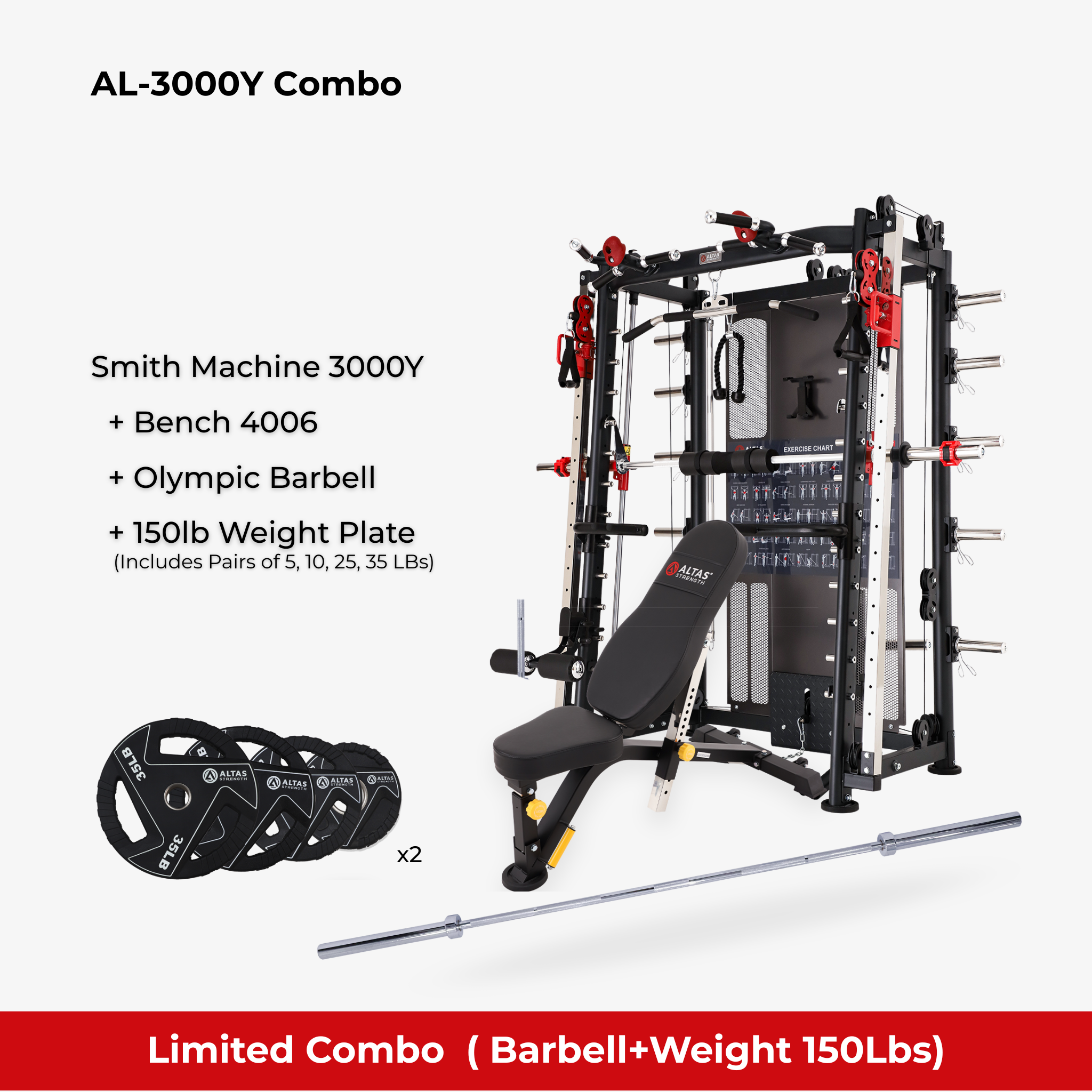 Combo - Smith Machine AL-3000Y + Bench AL-4006 + 150lb Weight Plates(Free)
