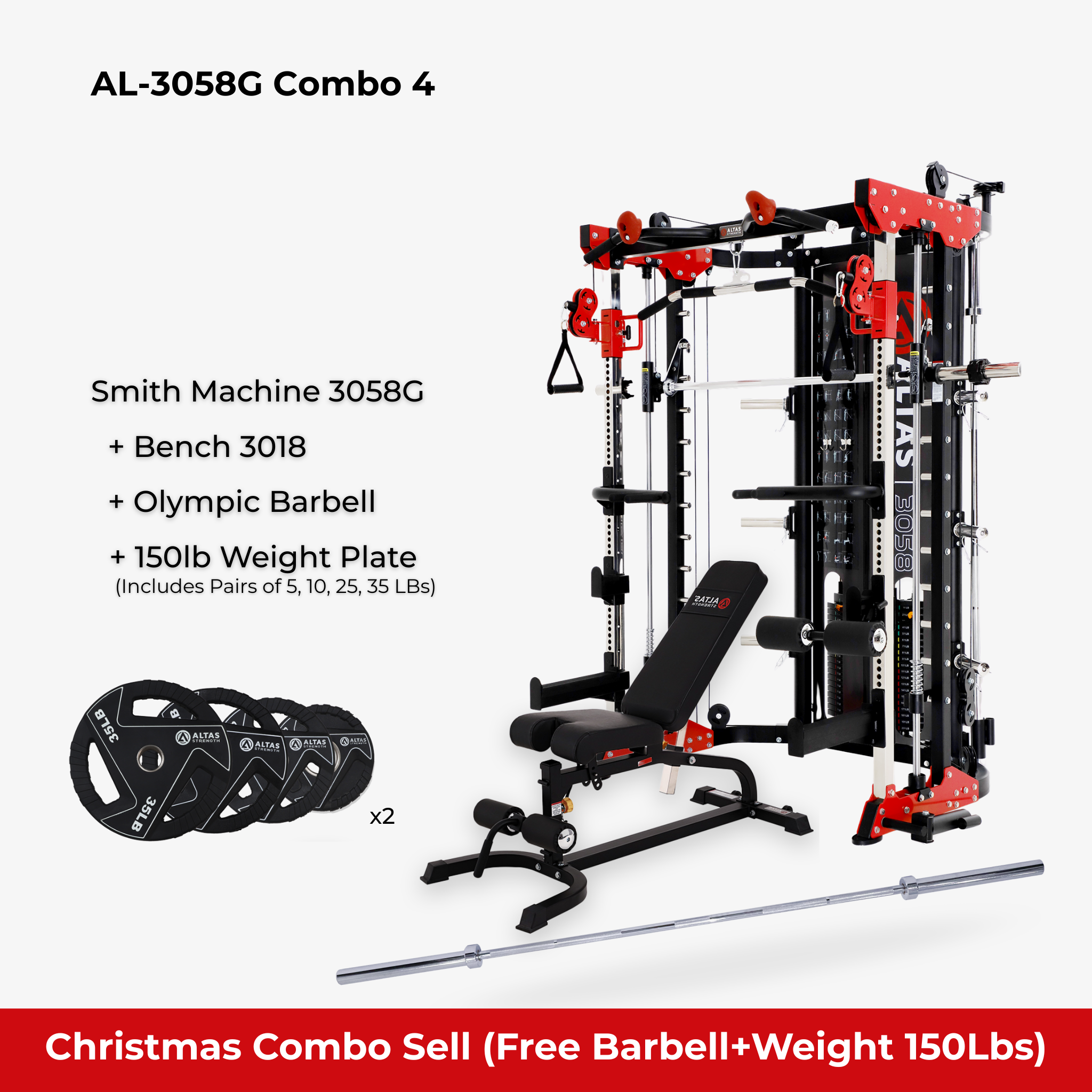 Christmas Combo - Smith Machine AL-3058G + Bench AL-3018+ 150lb Weight Plates