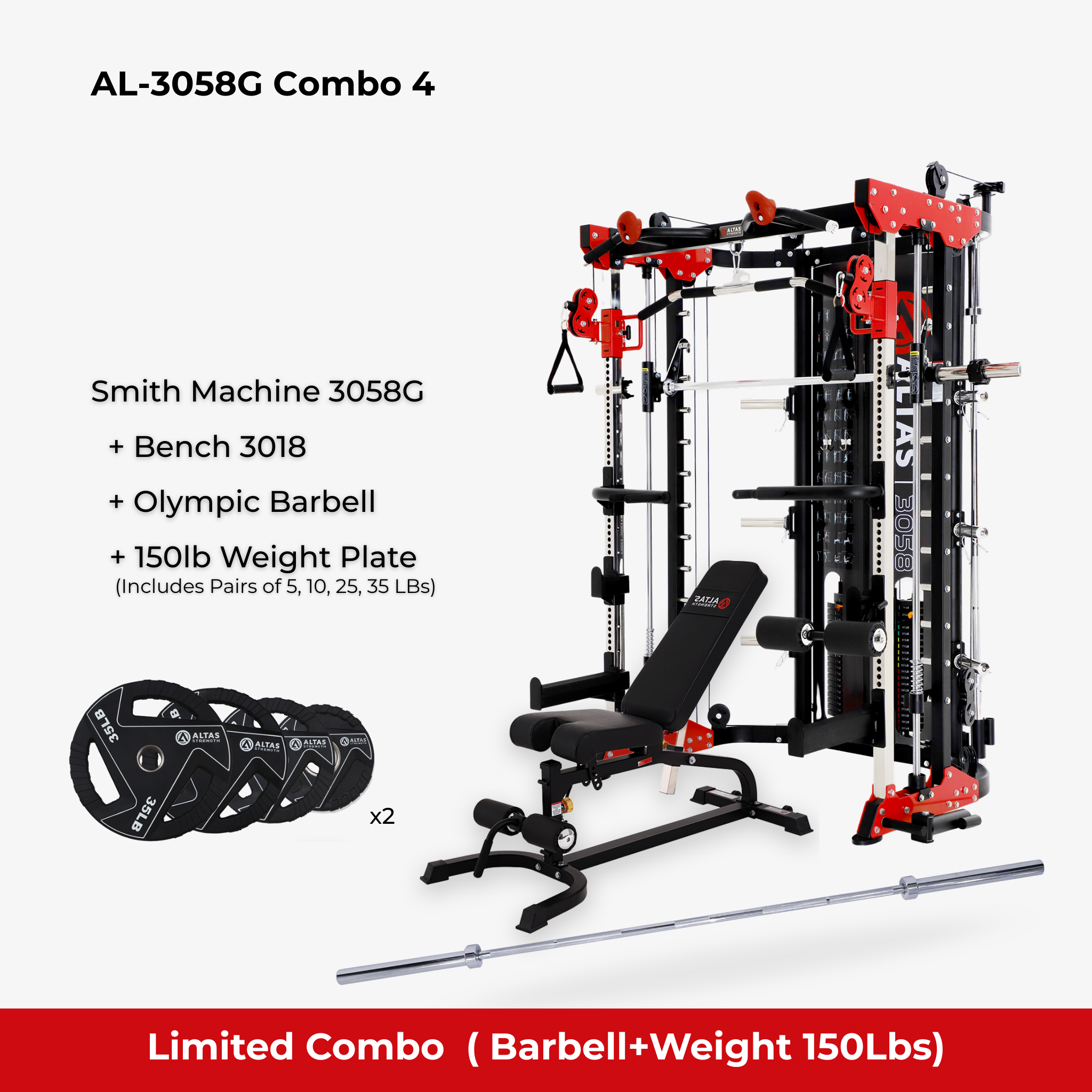 Combo - Smith Machine AL-3058G + Bench AL-3018+ 150lb Weight Plates
