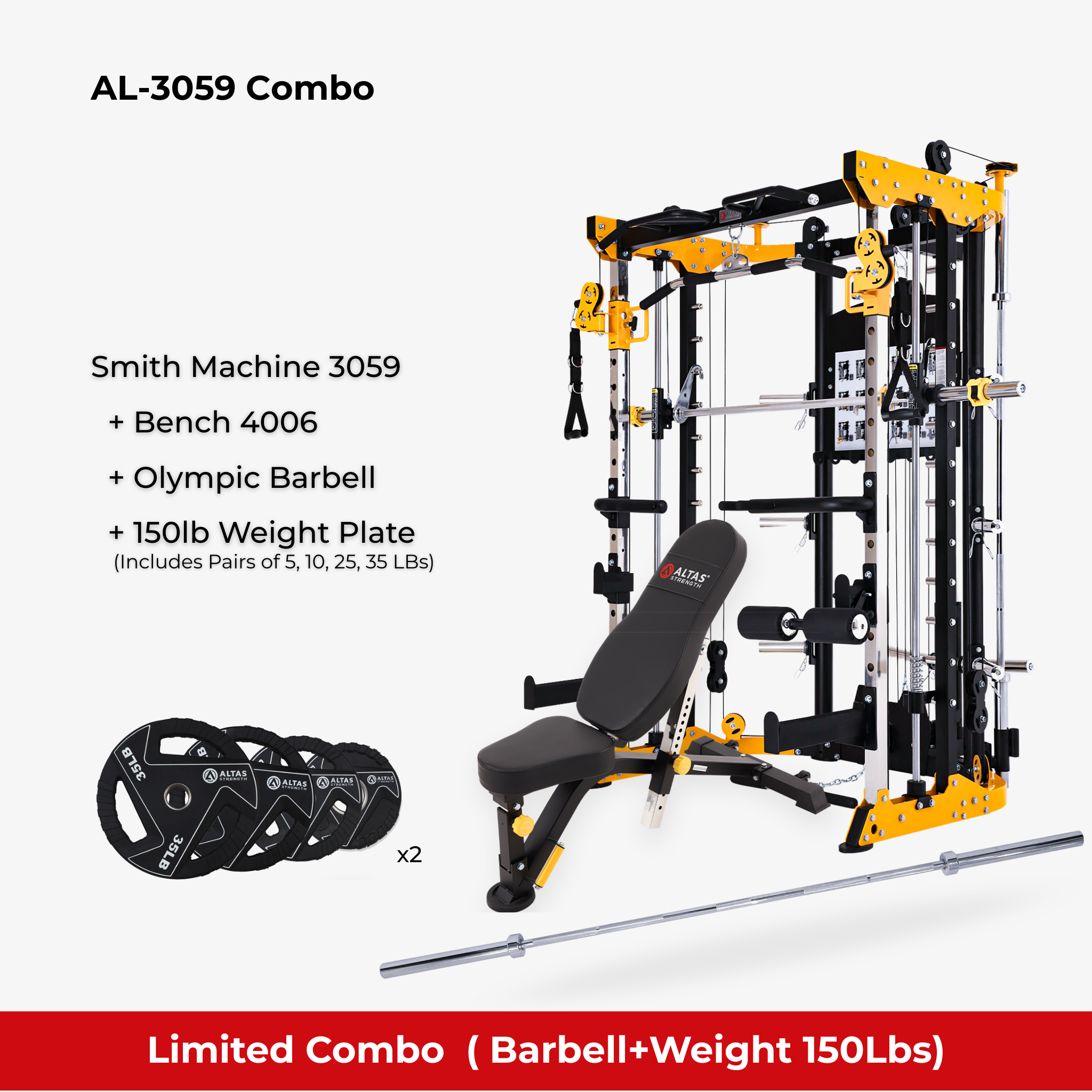 Combo - Smith Machine AL-3059 + Bench AL-4006 + Barbell + 150lb Weight Plate
