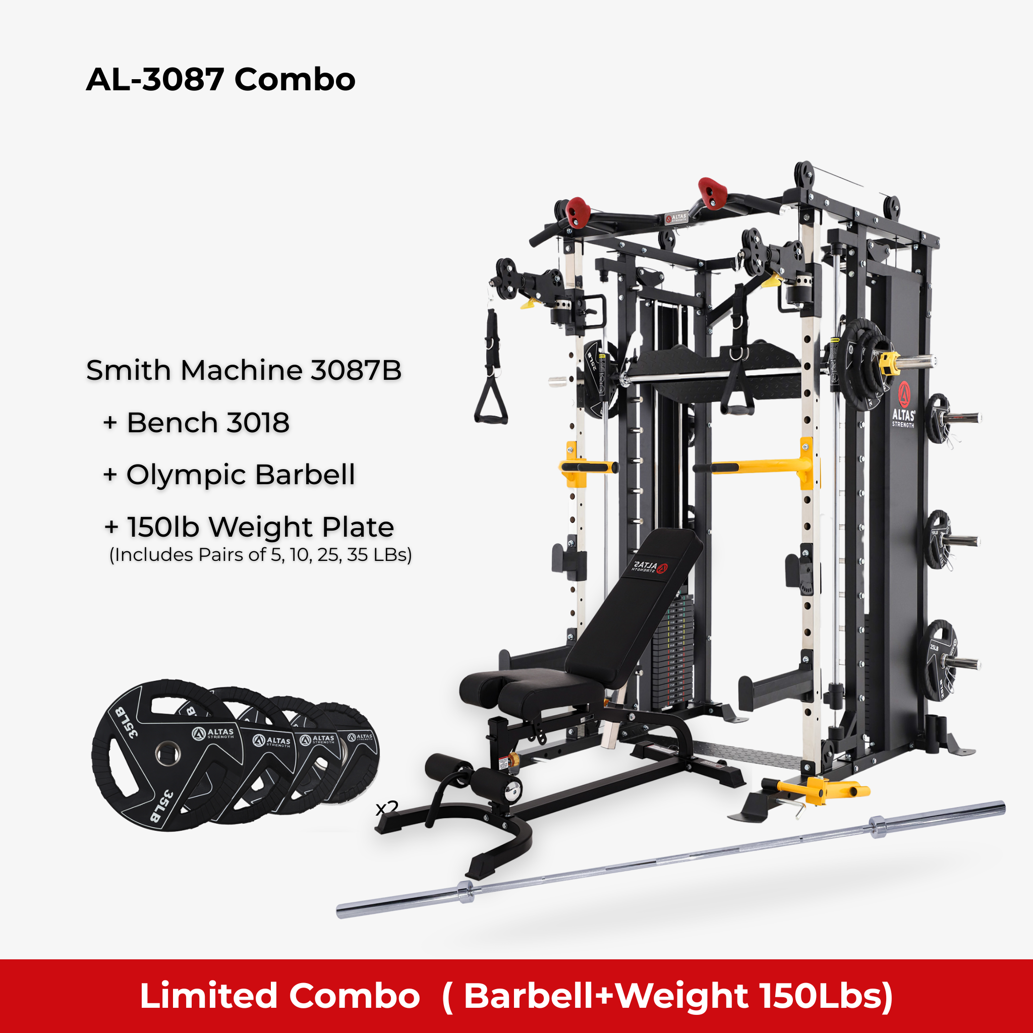 Combo - Smith Machine AL-3087B + Bench AL-3018 + 150lb Weight Plates(Free) + Barbell