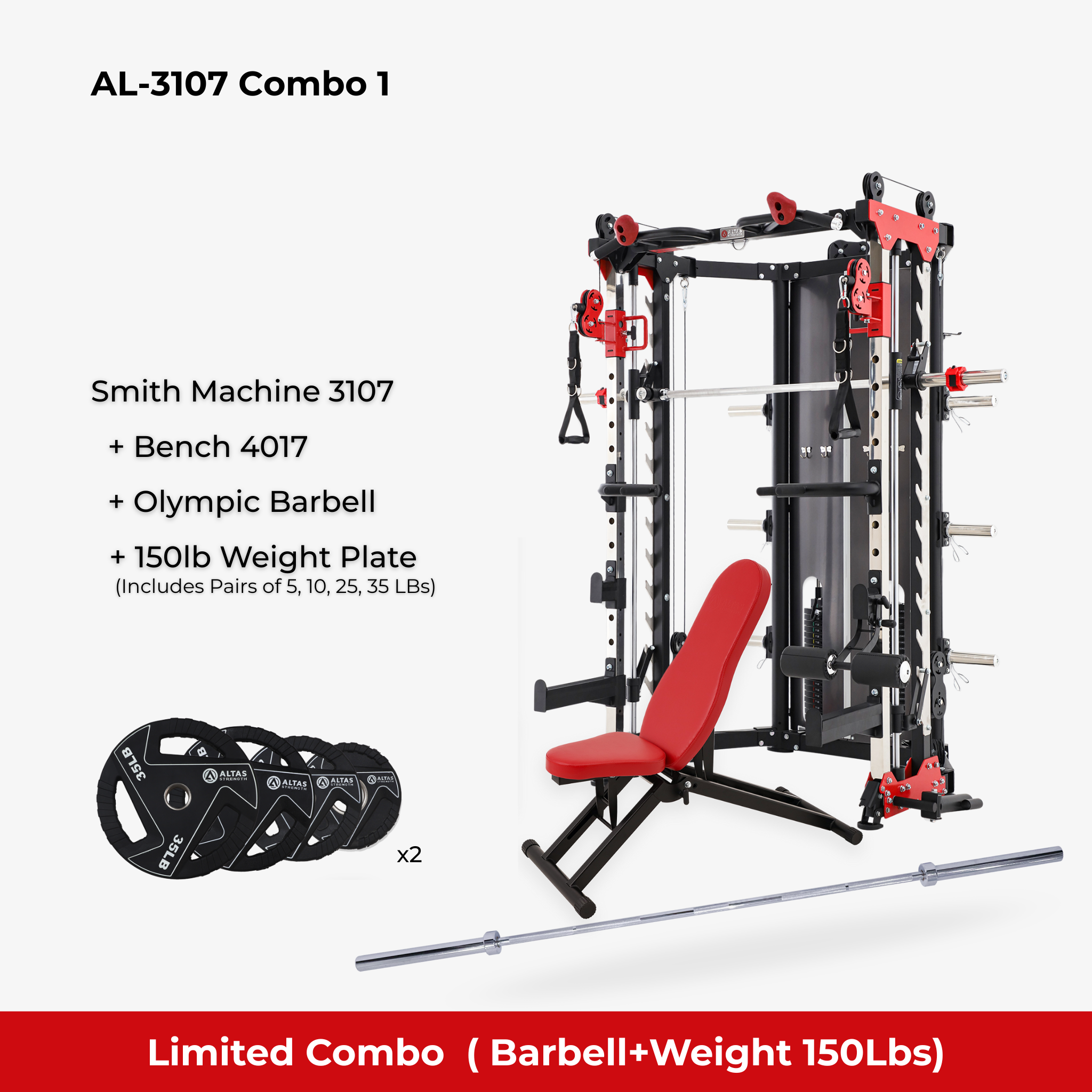 Combo - Smith Machine AL-3107 + Bench AL-4017 + Olympic Barbel l+ 150lb Weight Plates