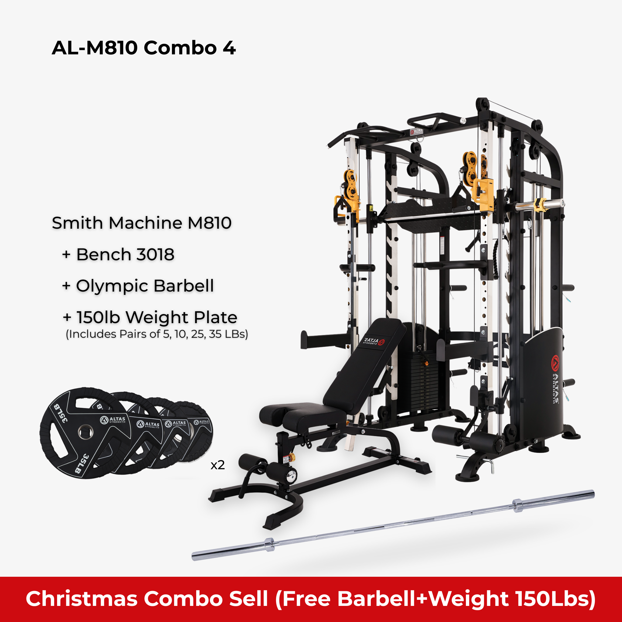 Christmas Combo - Smith Machine AL-M810 + Bench AL-3018 + Barbell + 150lb Weight Plates