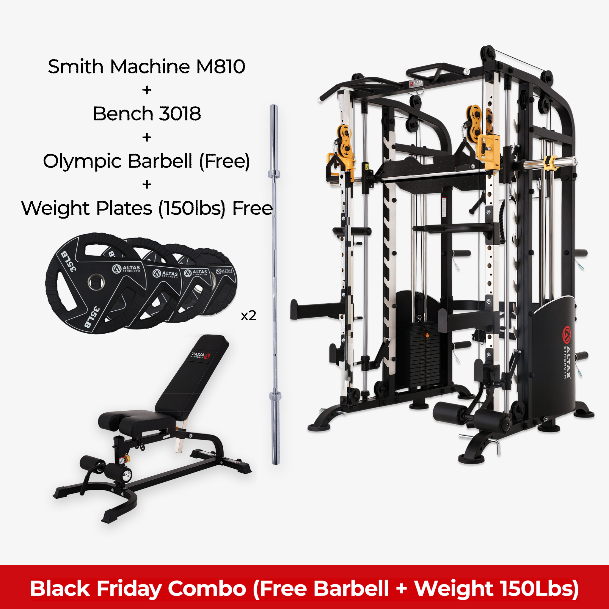Black Friday Combo - Smith Machine AL-M810 + Bench AL-3018 + Free Barbell + 150lb Weight Plates(Free)