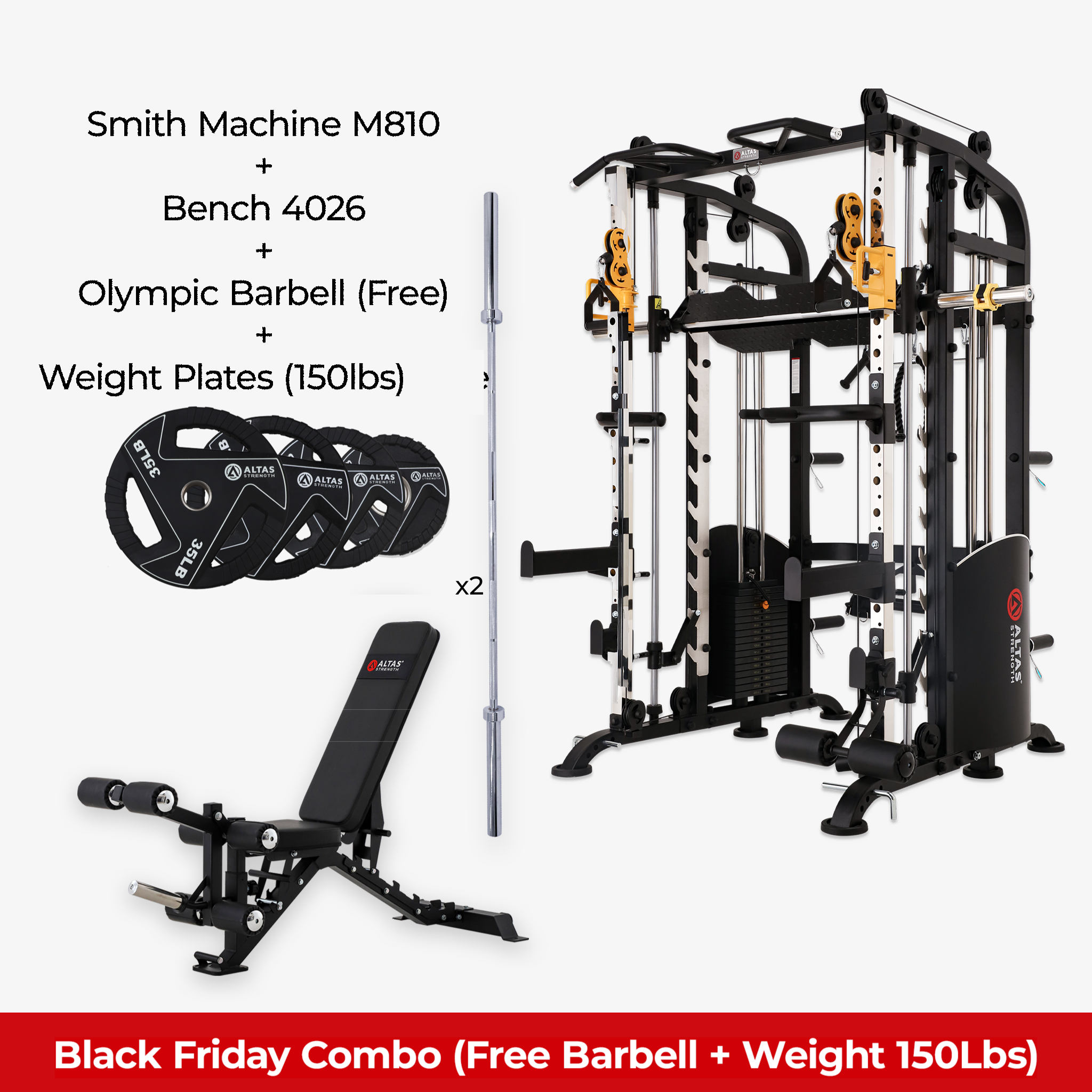 Black Friday Combo - Smith Machine AL-M810 + Bench AL-4026 + Barbell + 150lb Weight Plates