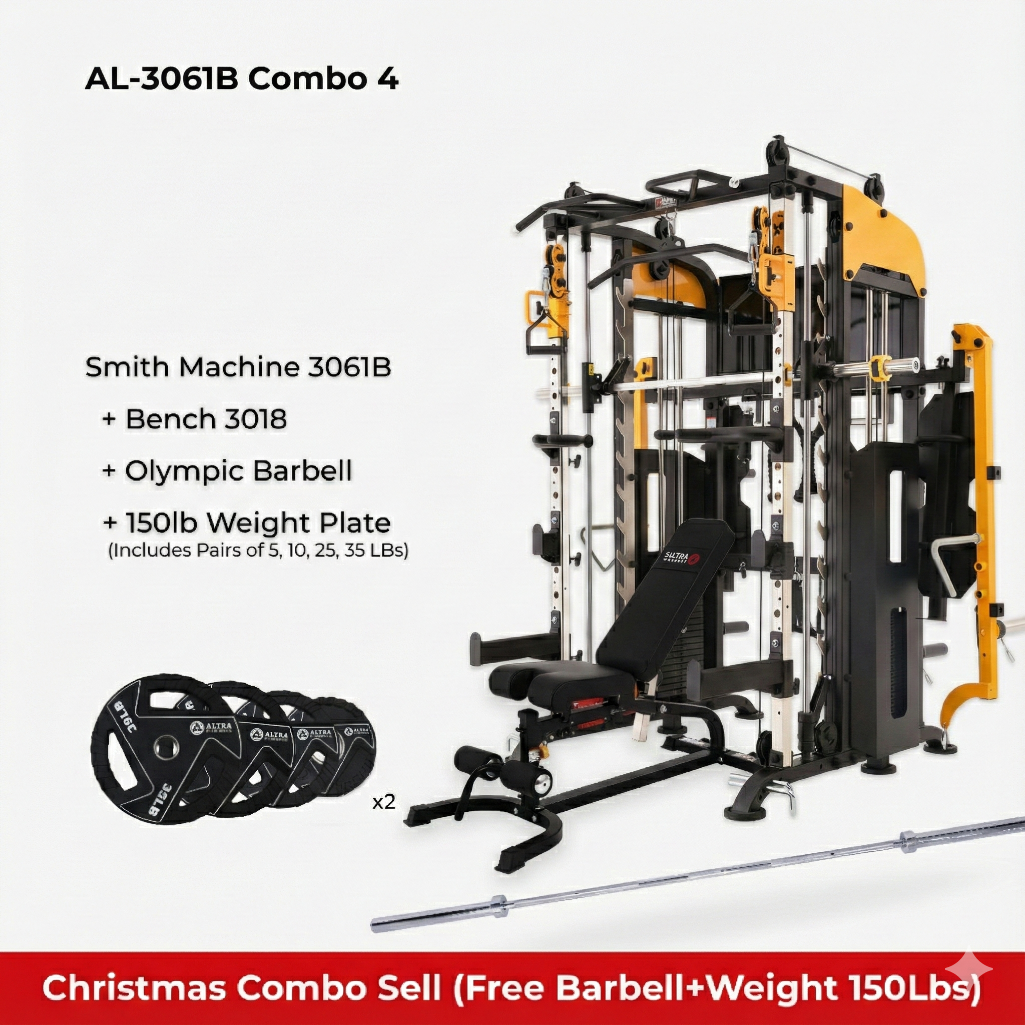 Christmas Combo - Smith Machine AL-3061B + Bench AL-3018 + Barbell 150lb Weight Plates