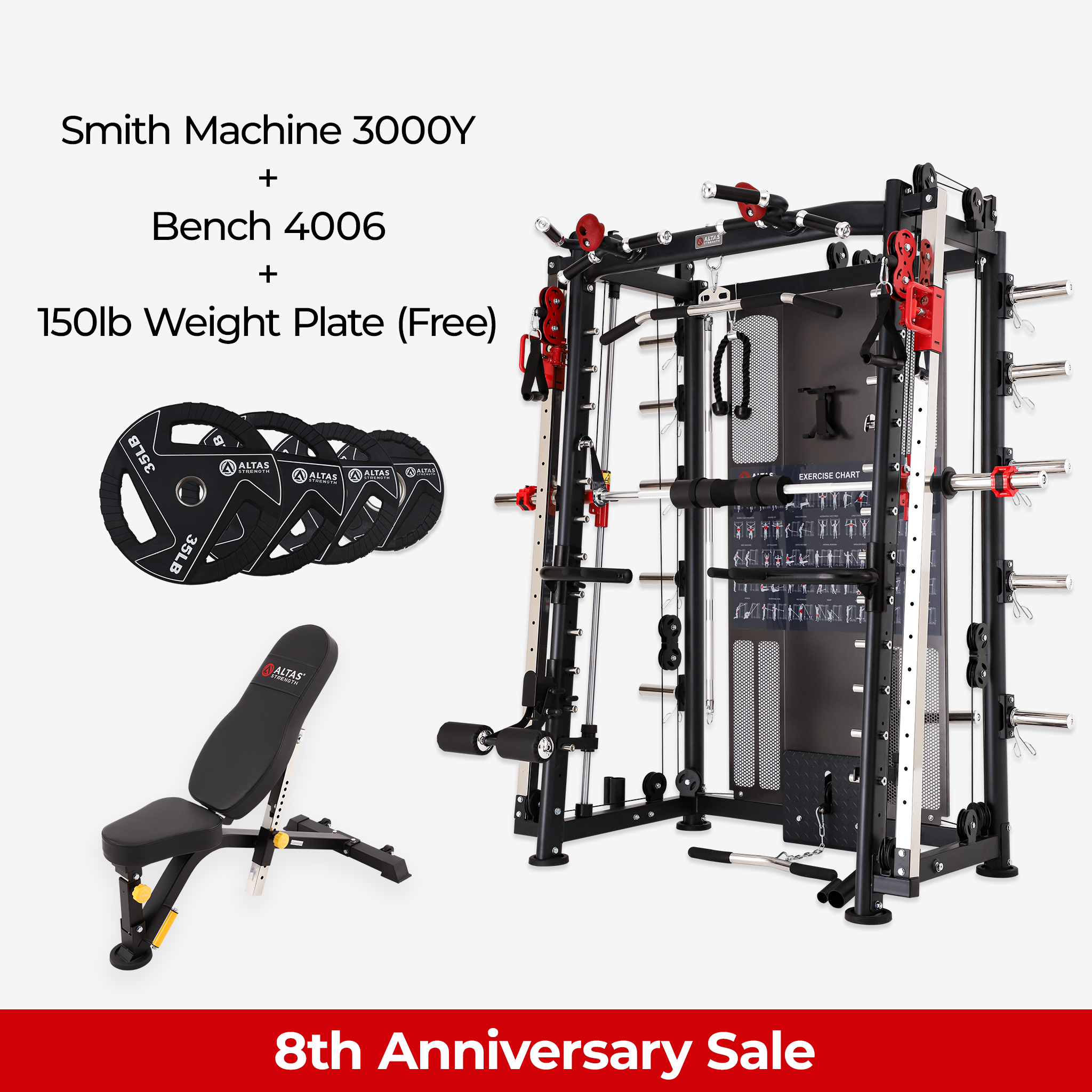 8th Anniversary Combo - Smith Machine AL-3000Y + Bench AL-4006 + 150lb Weight Plates(Free)