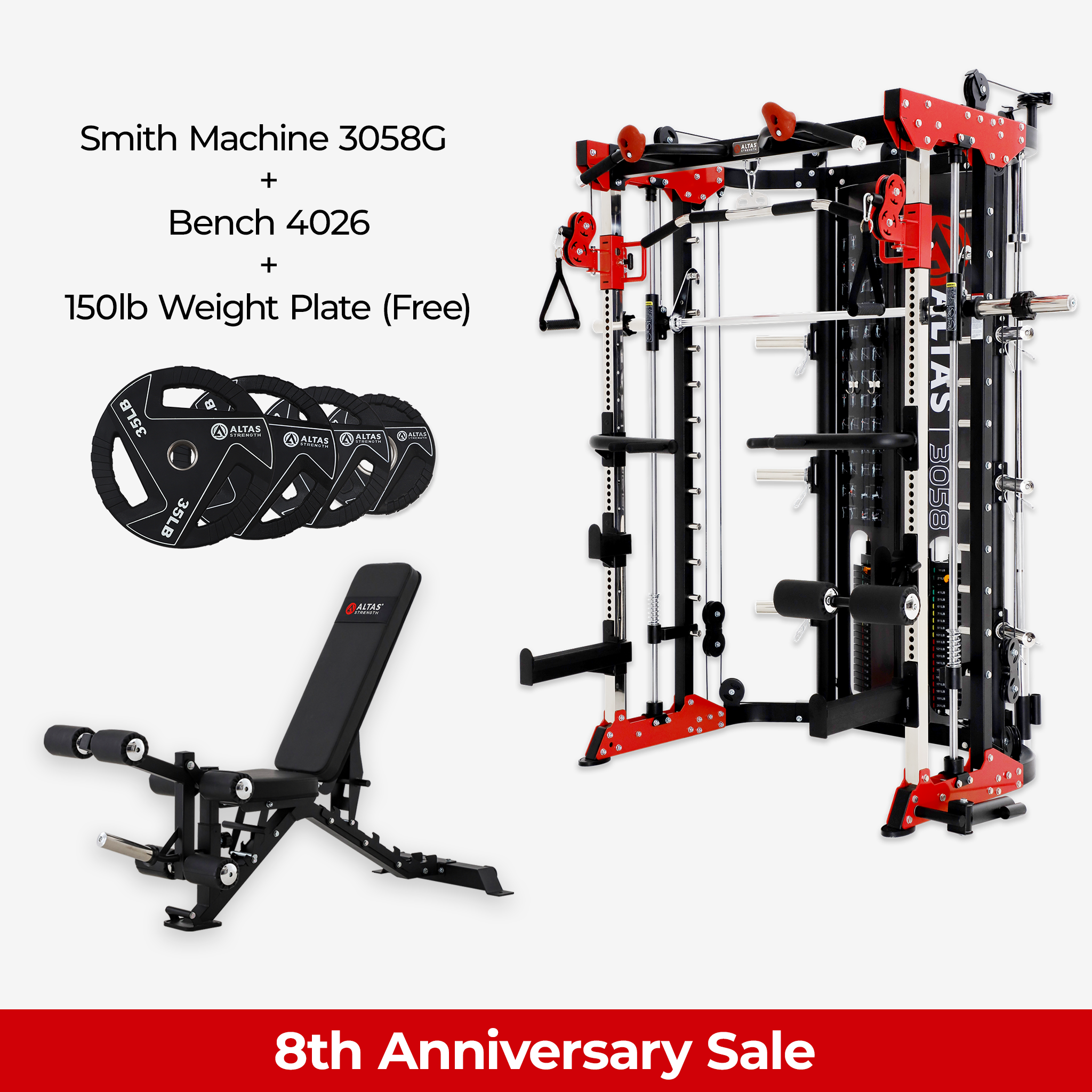 8th Anniversary Combo - Smith Machine AL-3058G + Bench AL-4026 + 150lb Weight Plates(Free)