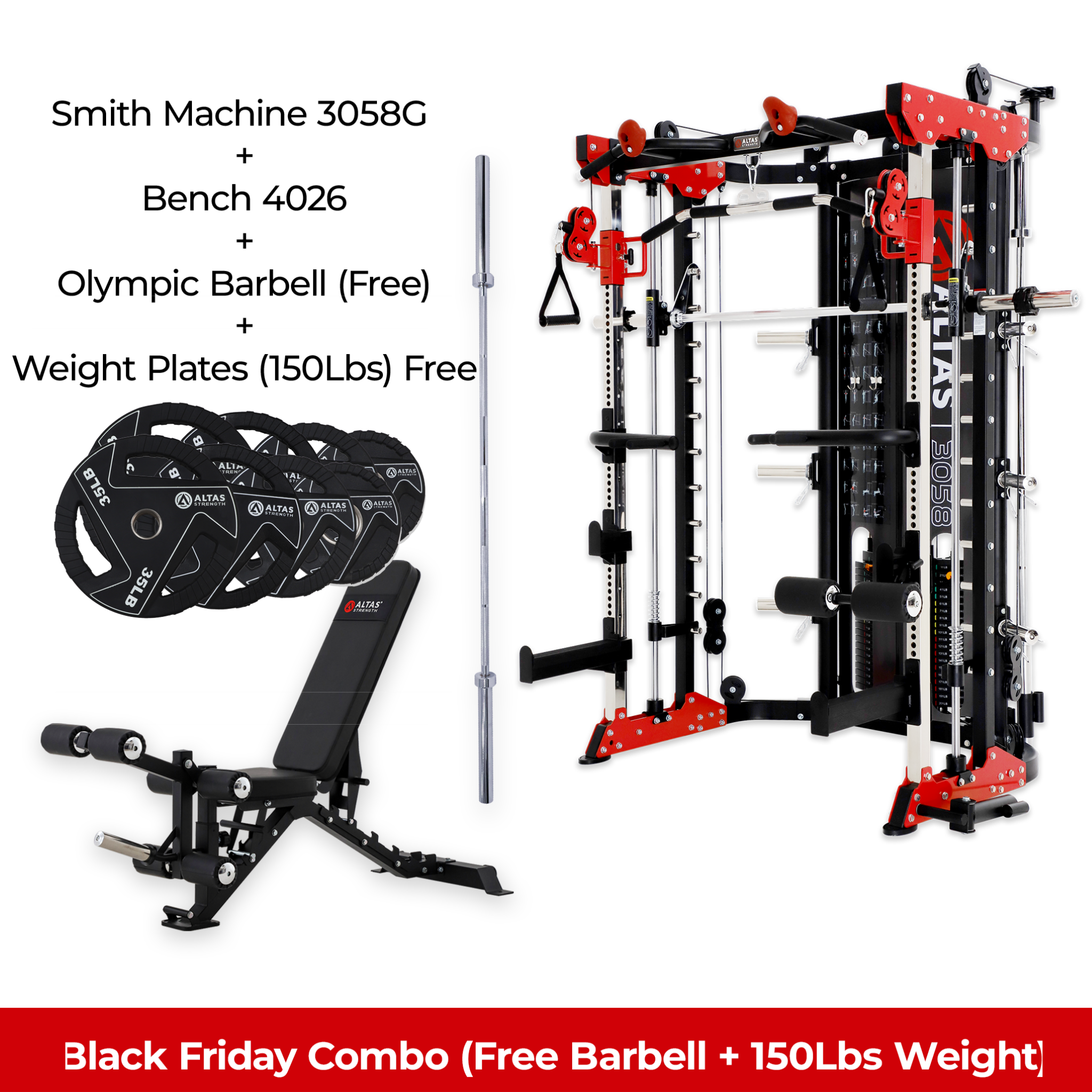 Black Friday Combo - Smith Machine AL-3058G + Bench AL-4026 + Free Barbell + 150lb Weight Plates(Free)