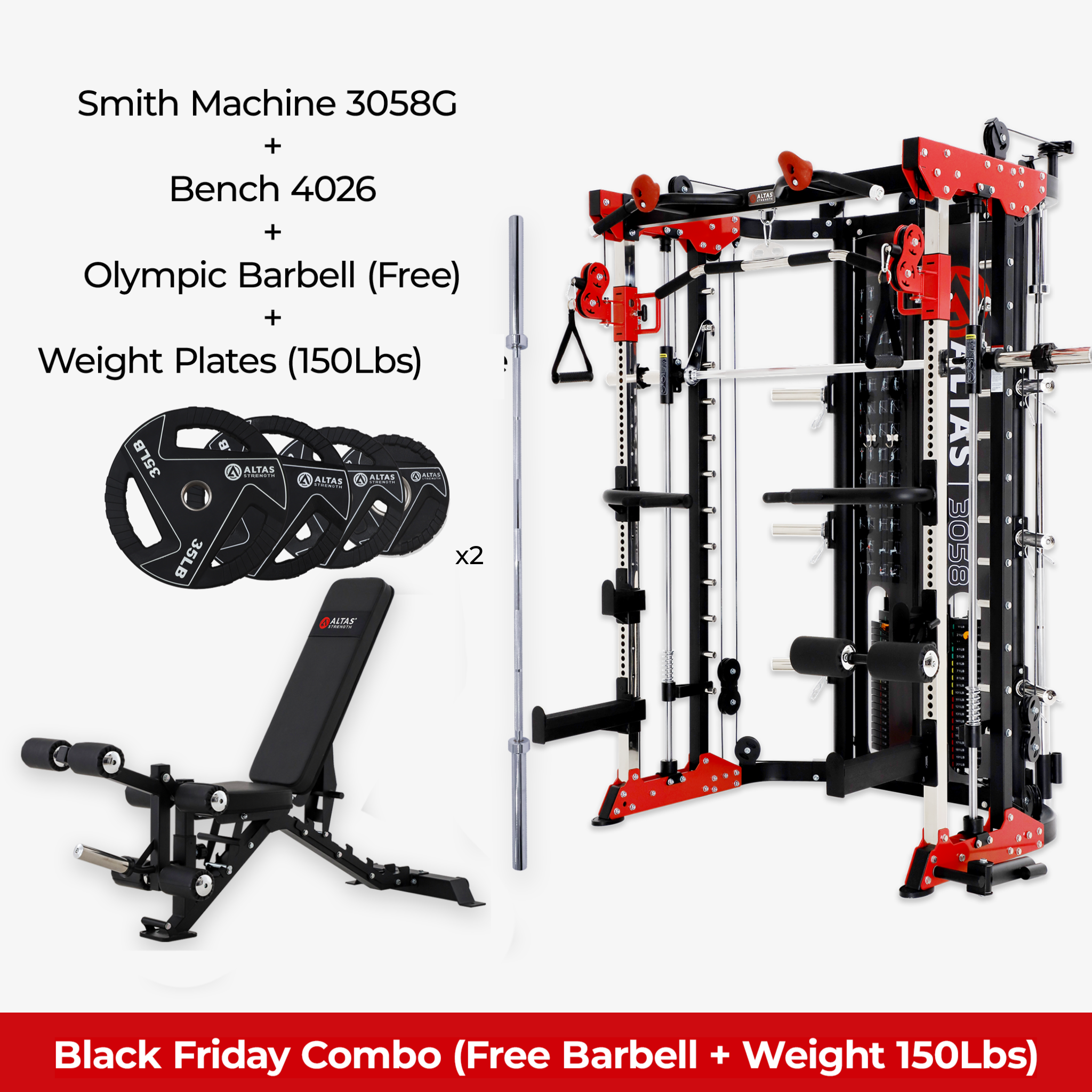 Black Friday Combo - Smith Machine AL-3058G + Bench AL-4026 + Barbell + 150lb Weight Plates