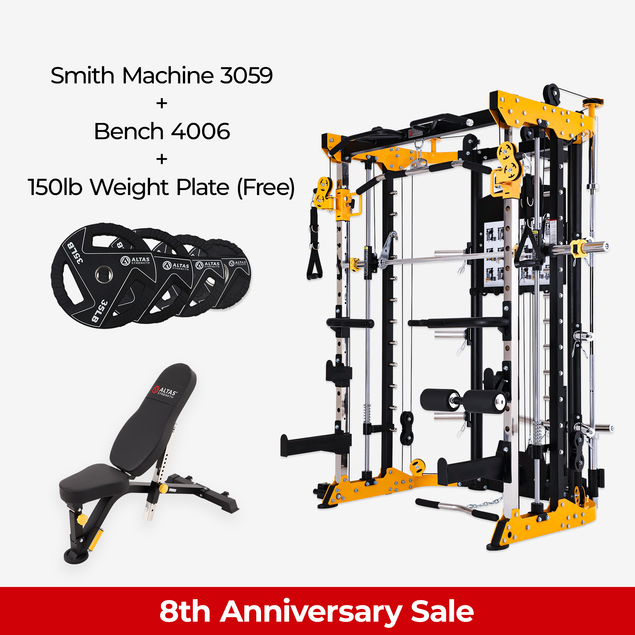 8th Anniversary Combo - Smith Machine AL-3059 + Bench AL-4006 + 150lb Weight Plates(Free)