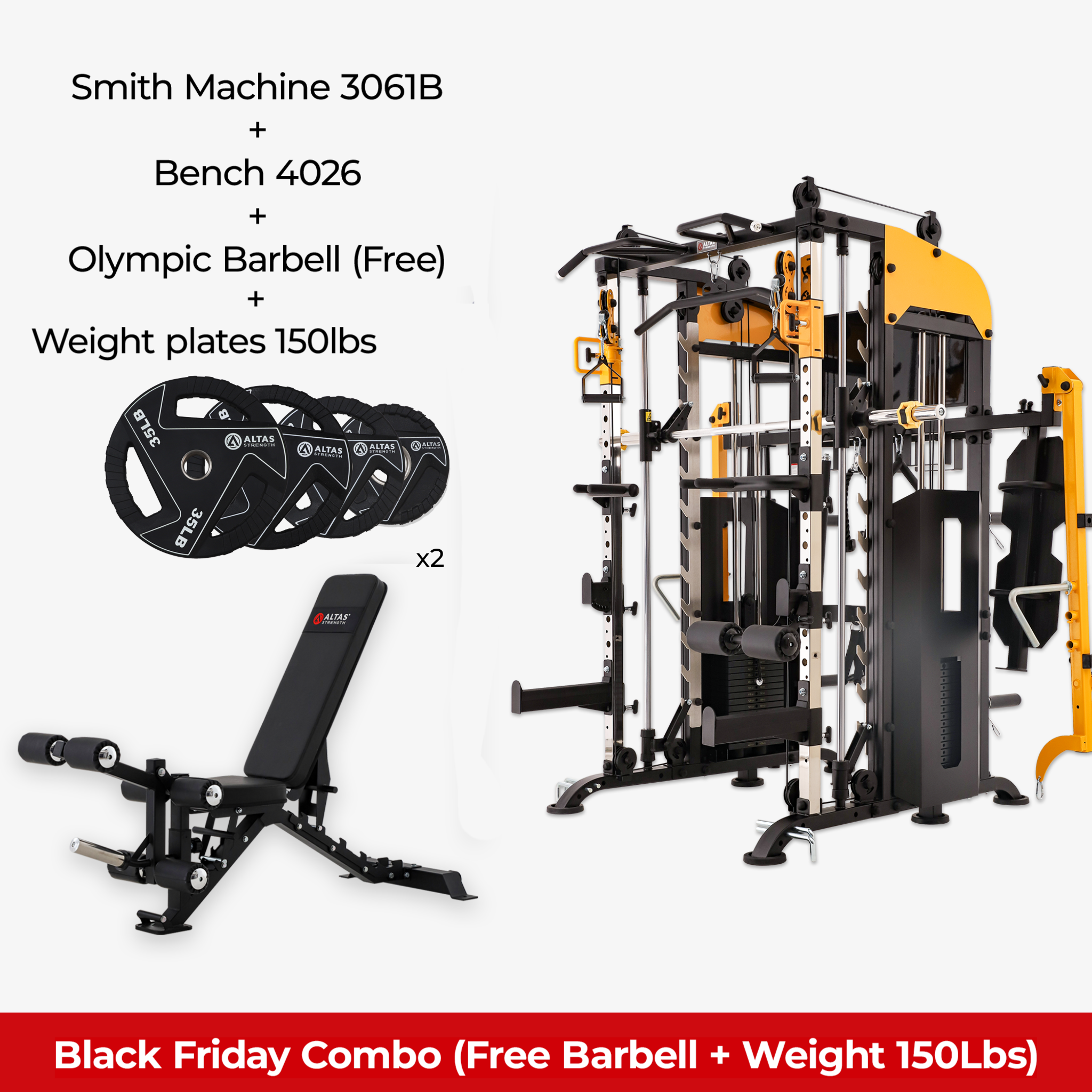 Christmas  Combo - Smith Machine AL-3061B + Bench AL-4026 + Barbell + 150lbs Weight Plate