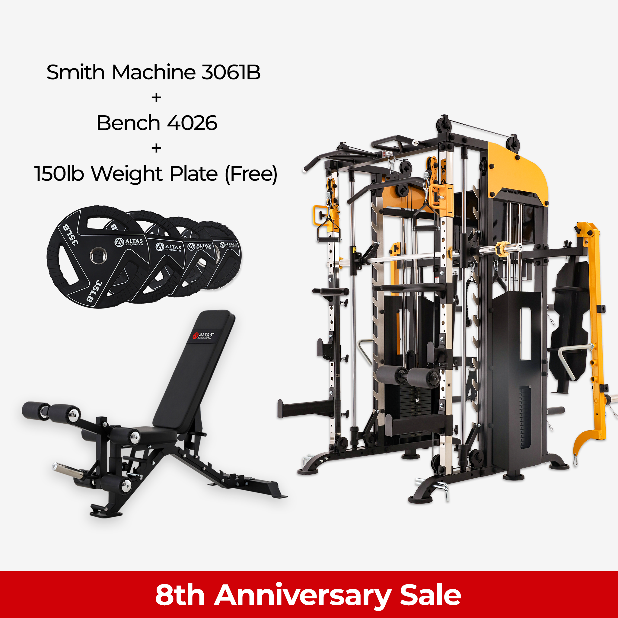 8th Anniversary Combo - Smith Machine AL-3061B + Bench AL-4026 + 150lb Weight Plates(Free)