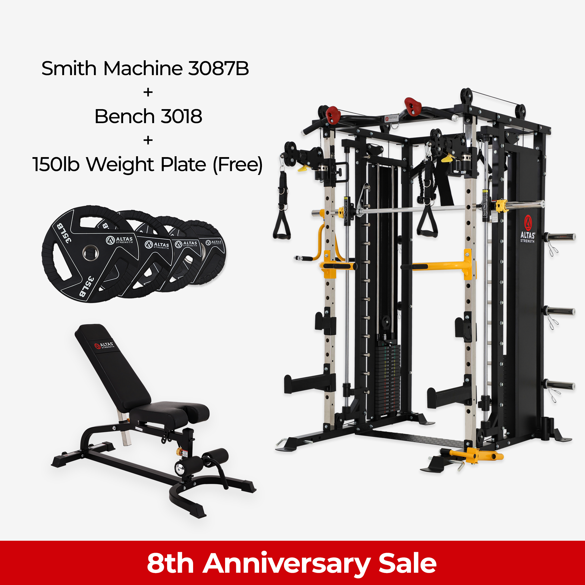 8th Anniversary Combo - Smith Machine AL-3087B + Bench AL-3018 + 150lb Weight Plates(Free)