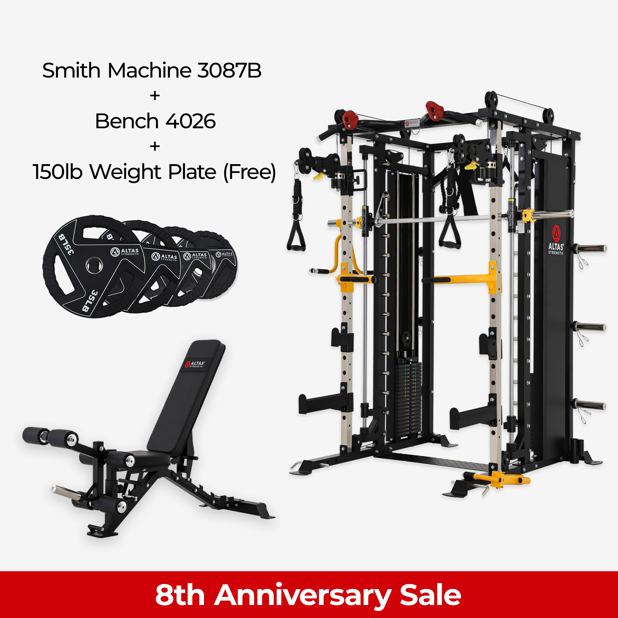 8th Anniversary Combo - Smith Machine AL-3087B + Bench AL-4026 + 150lb Weight Plates(Free)