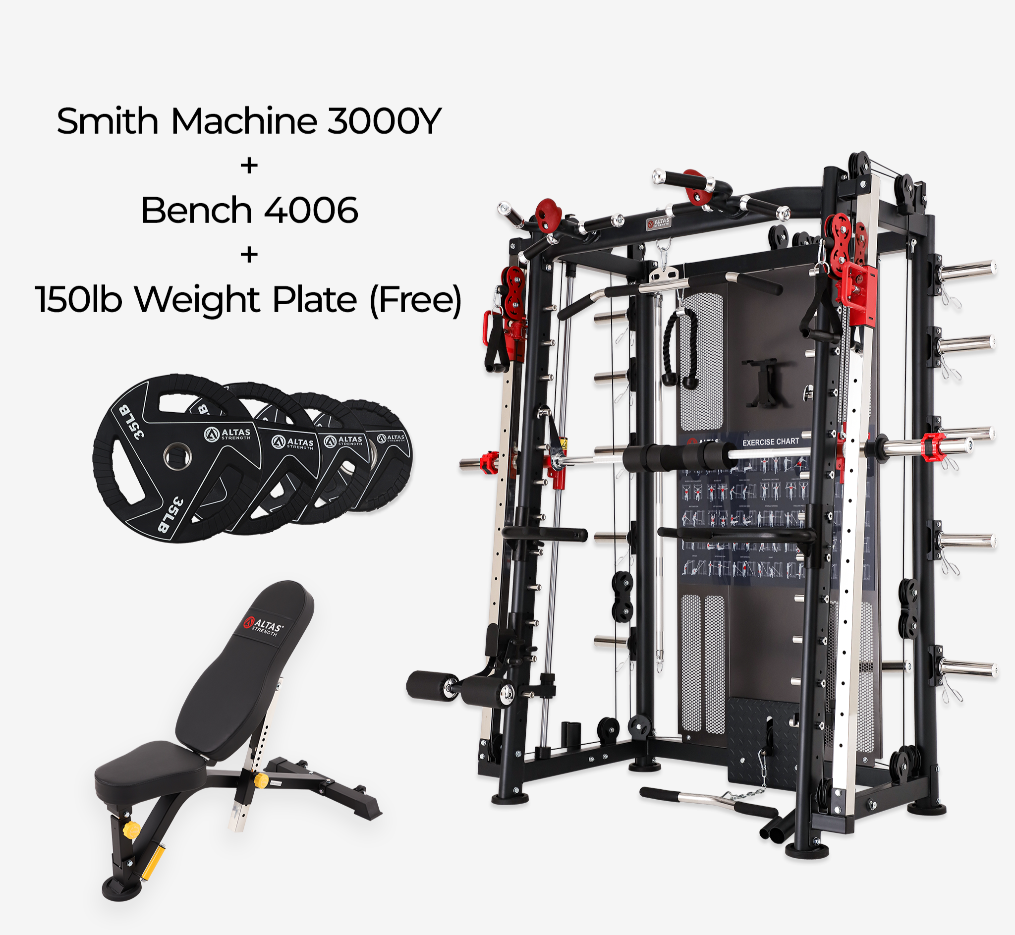 Combo - Smith Machine AL-3000Y + Bench AL-4006 + 150lb Weight Plates(Free)