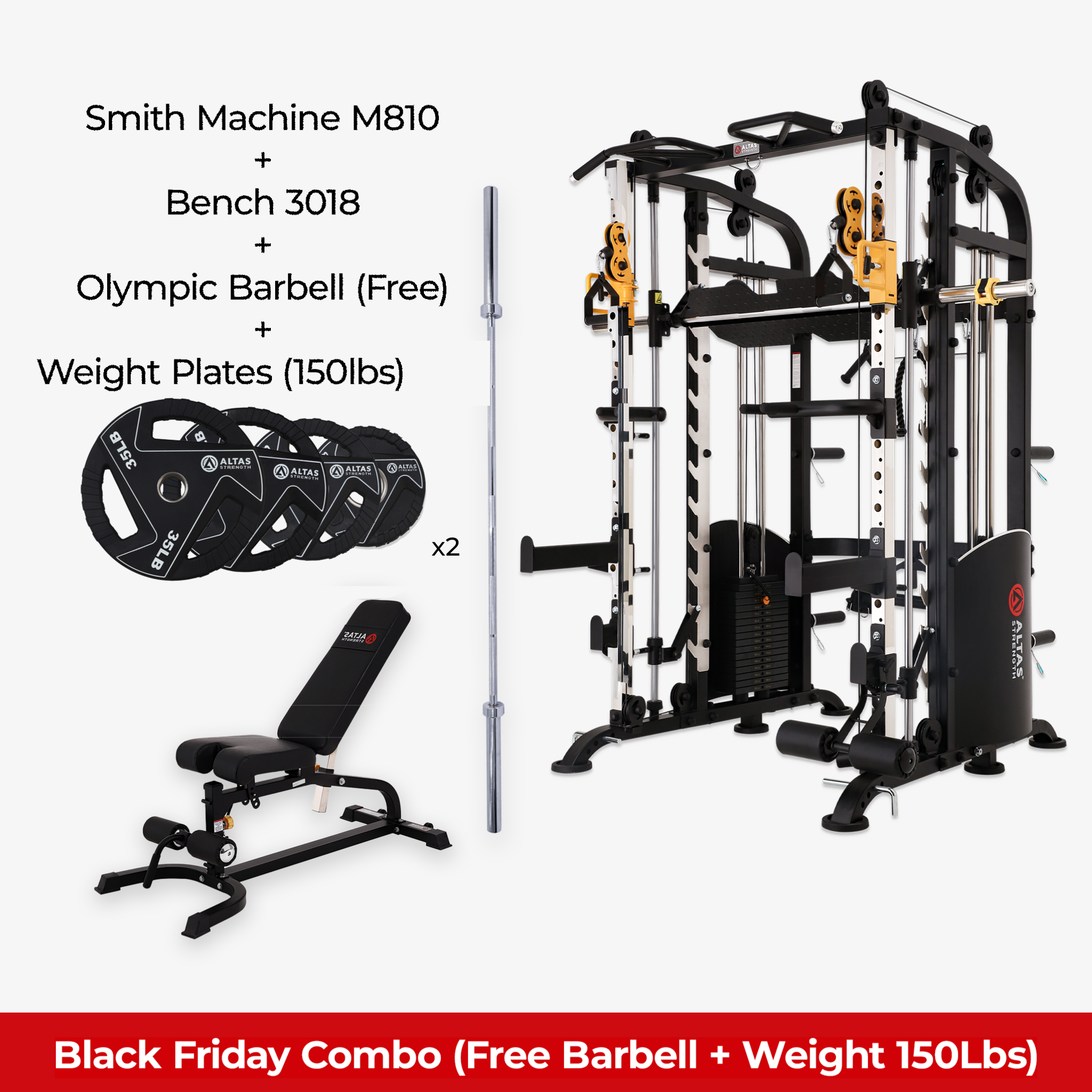 Black Friday Combo - Smith Machine AL-M810 + Bench AL-3018 + Barbell + 150lb Weight Plates
