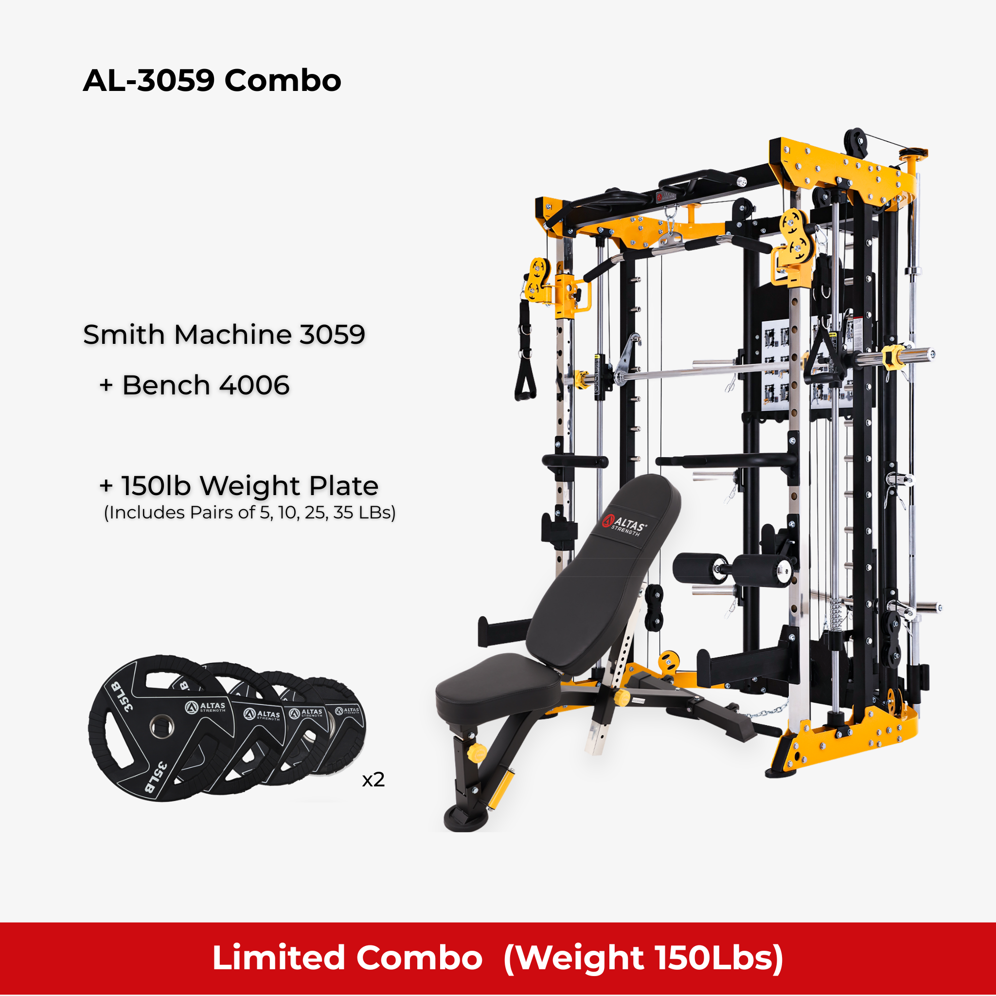 Combo - Smith Machine AL-3059 + Bench AL-4006 + 150lb Weight Plate