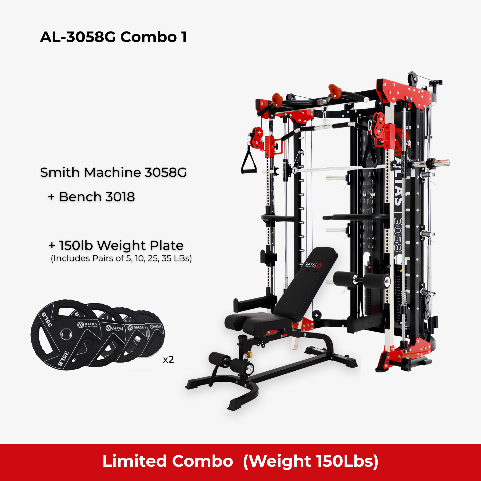 Combo - Smith Machine AL-3058G + Bench AL-3018+ 150lb Weight Plates