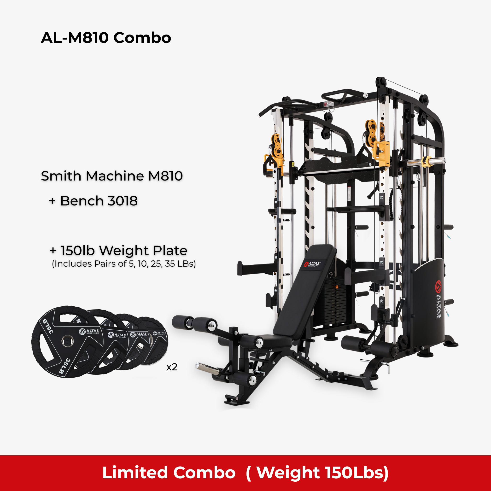 Combo - Smith Machine AL-M810 + Bench AL-3018+ 150lb Weight Plates