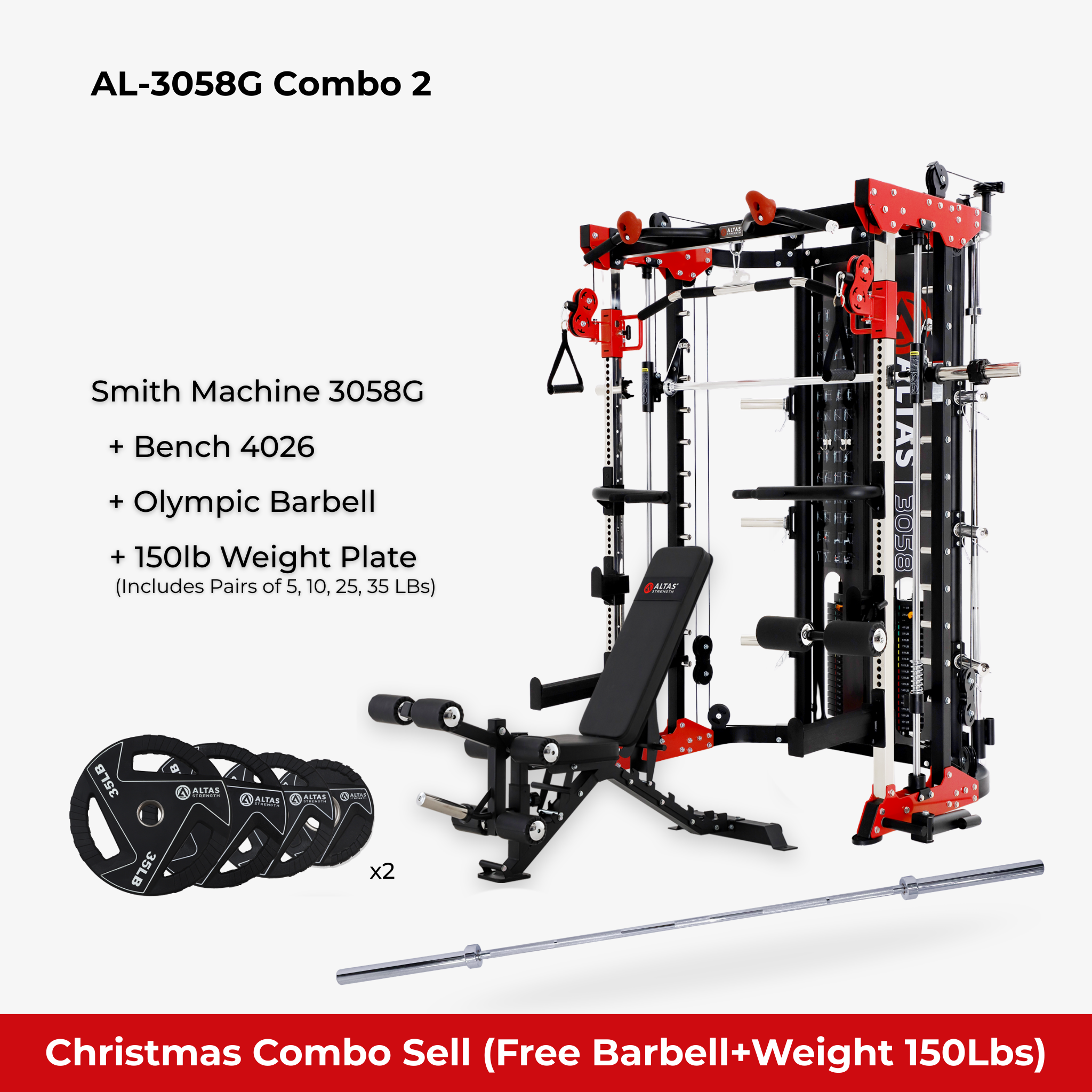 Christmas  Combo - Smith Machine AL-3058G + Bench AL-4026 + Barbell + 150lb Weight Plates