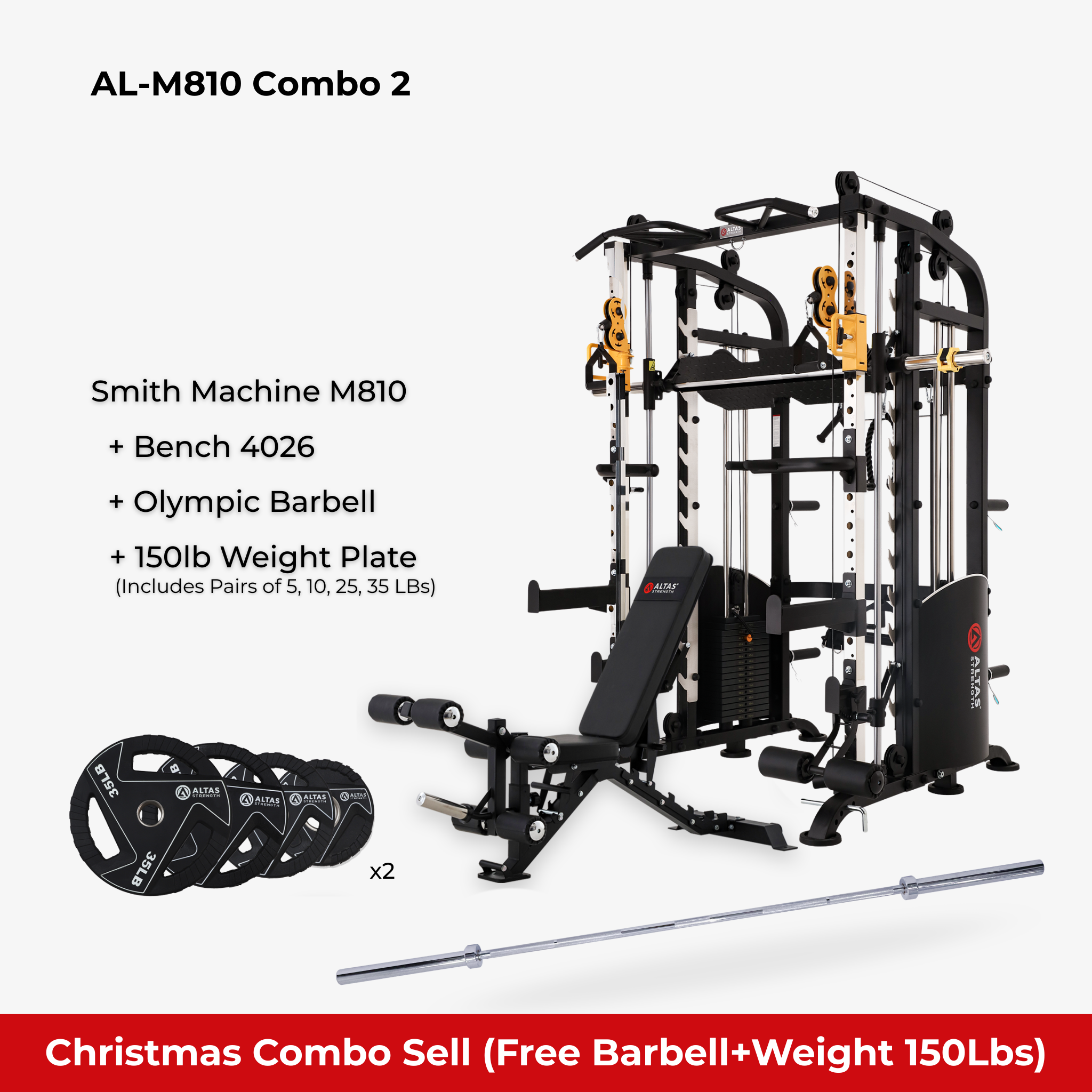 Christmas  Combo - Smith Machine AL-M810 + Bench AL-4026 + Barbell + 150lb Weight Plates
