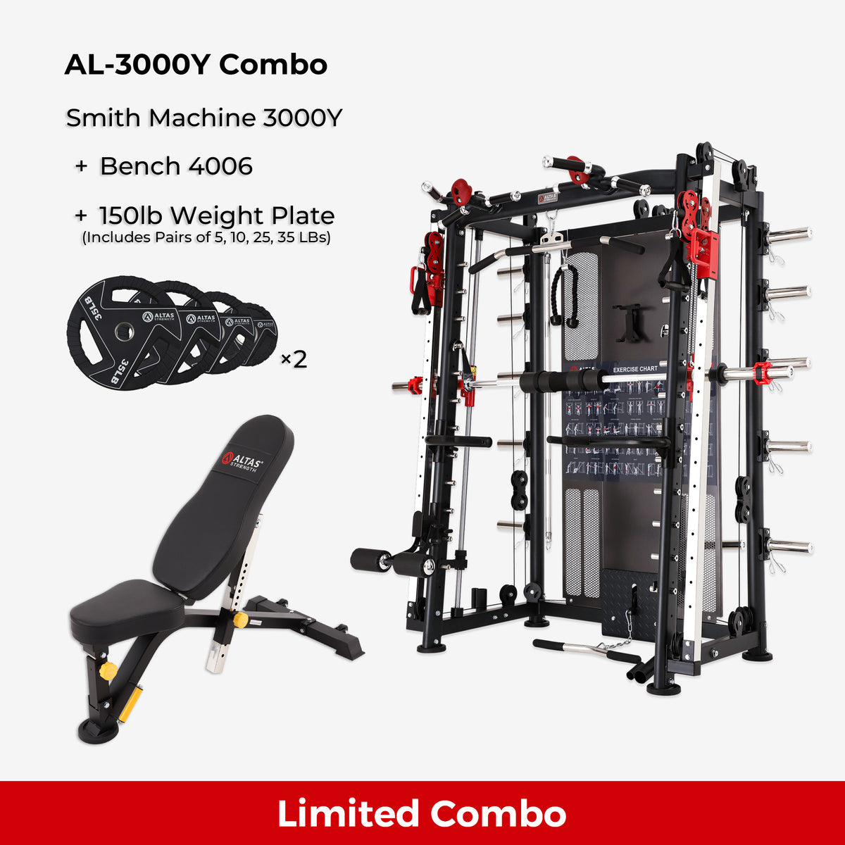 Combo - Smith Machine AL-3000Y + Bench AL-4006 + 150lb Weight Plates