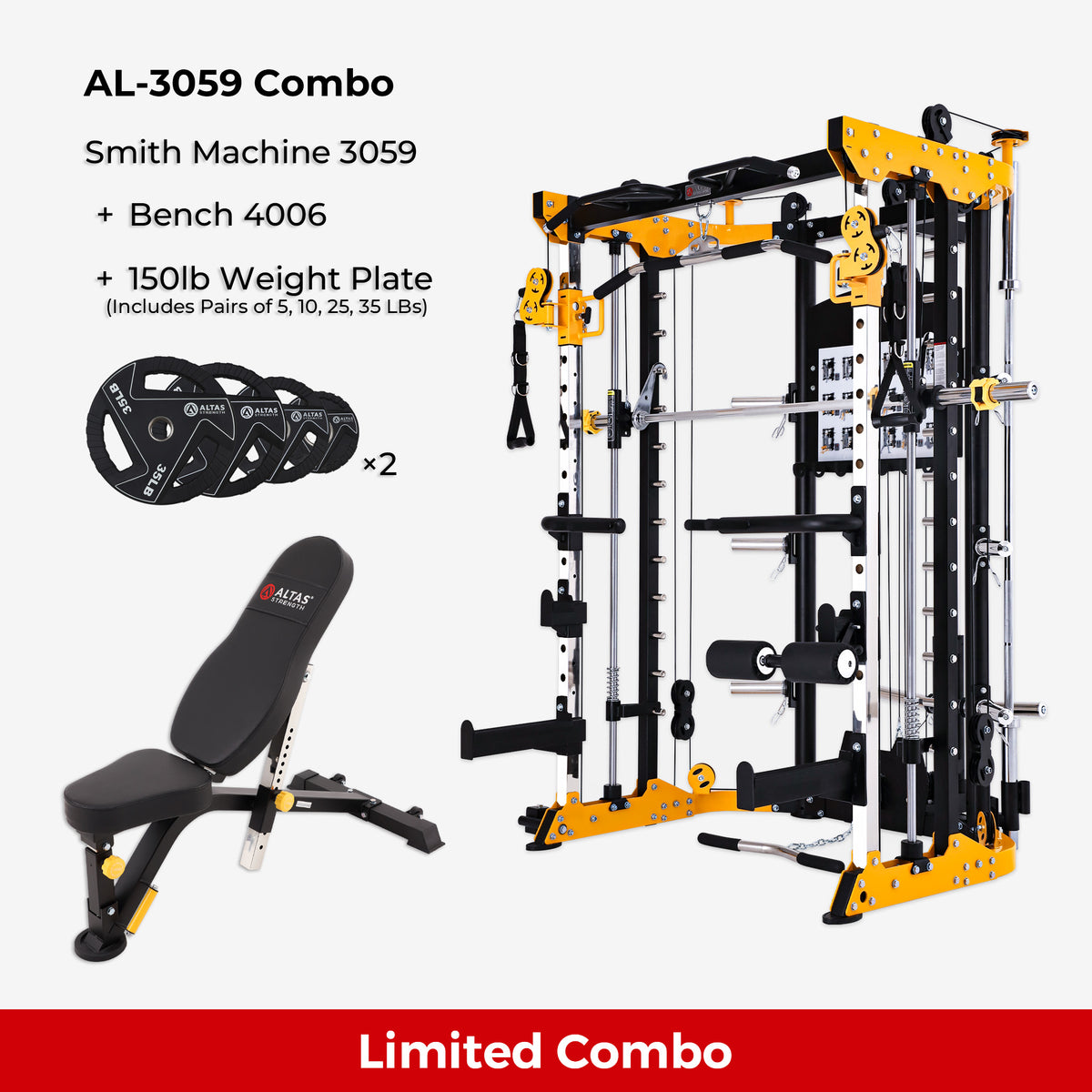 Combo - Smith Machine AL-3059 + Bench AL-4006 + 150lb Weight Plates