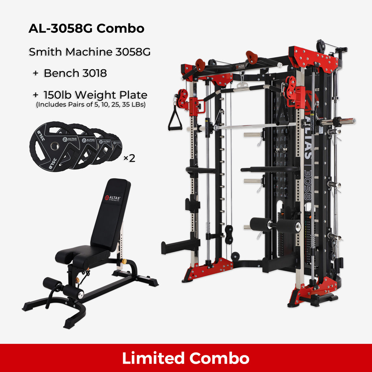 Combo - Smith Machine AL-3058G + Bench AL-3018+ 150lb Weight Plates
