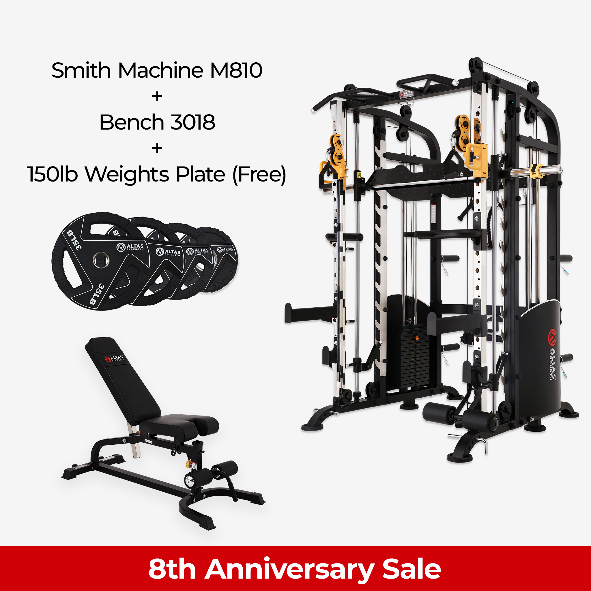 8th Anniversary Combo - Smith Machine AL-M810 + Bench AL-3018 + 150lb Weight Plates(Free)